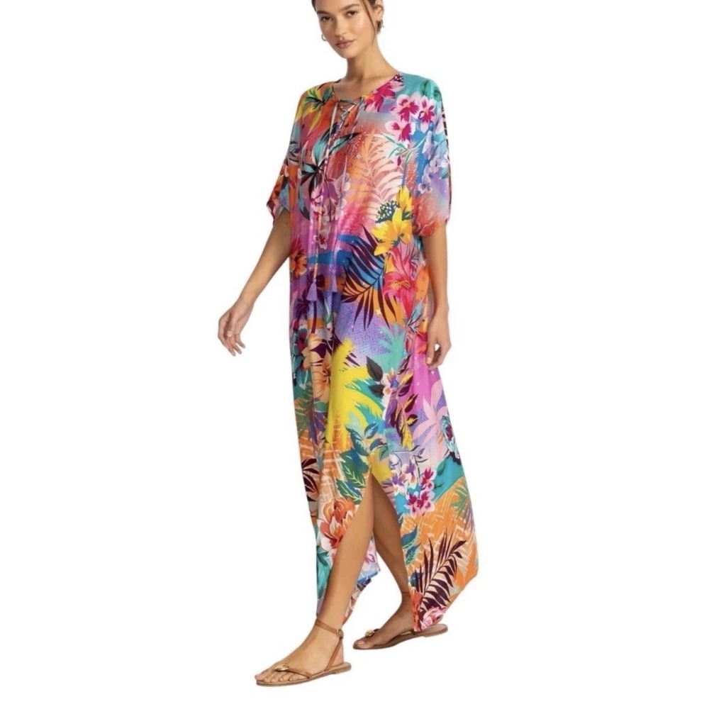Johnny Was Zeru Tie Neck Maxi Kaftan Tropical Floral Rayon Silk Dress S/M
